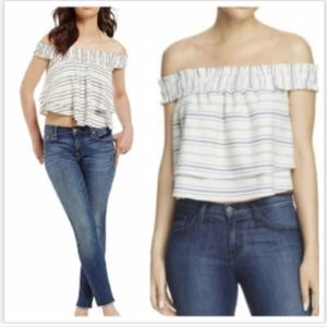 Wayf Off Shoulder Top With Layered Ruffle And Red White And Blue Stripes GUC